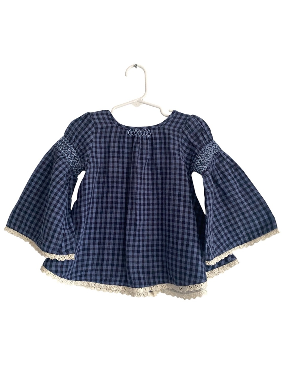 Well Dressed Wolf Tunic Girls 2T Blue Gingham Bell Sleeves Lace Trim 100% Cotton